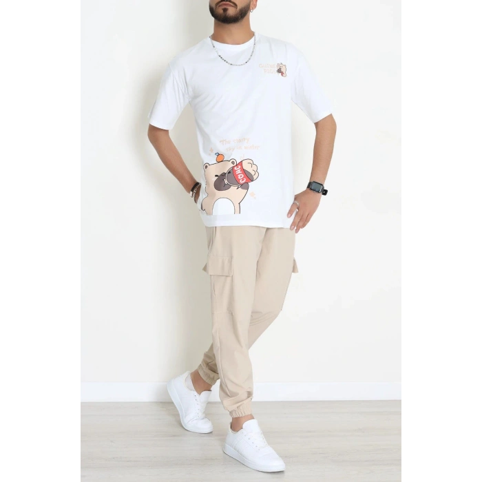 Kompak Penye Baskılı Unisex Oversize Tişört Beyazkrem - 55135.1872.