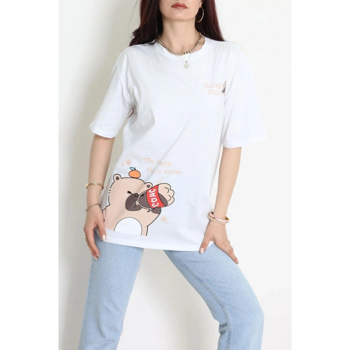 Kompak Penye Baskılı Unisex Oversize Tişört Beyazkrem - 55135.1872.