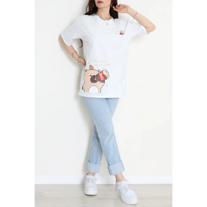 Kompak Penye Baskılı Unisex Oversize Tişört Beyazkrem - 55135.1872.