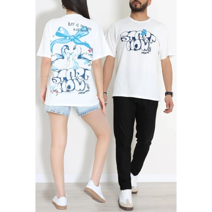 Kompak Penye Baskılı Unisex Oversize Tişört Beyazmavi - 55135.1872.