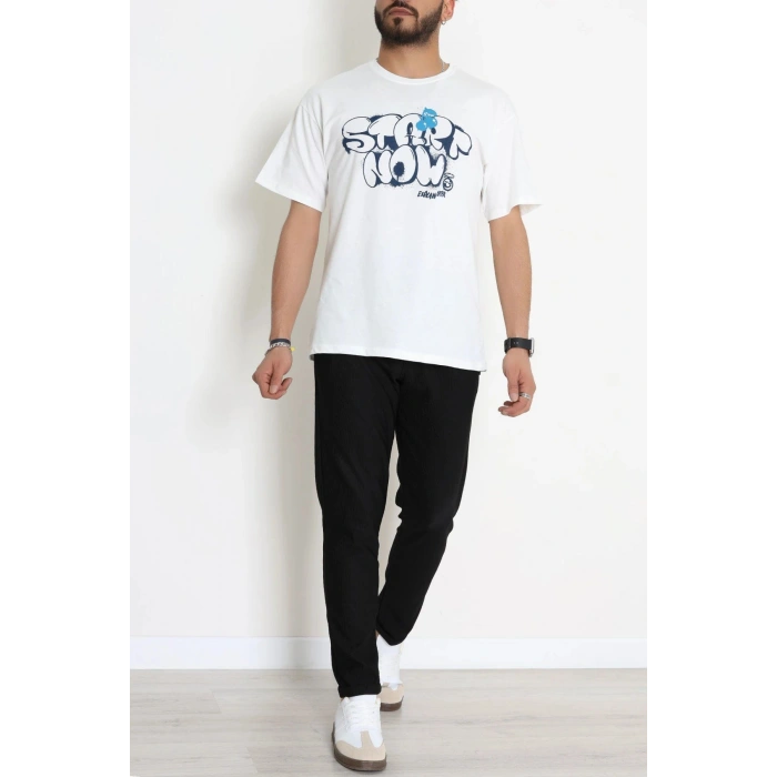 Kompak Penye Baskılı Unisex Oversize Tişört Beyazmavi - 55135.1872.
