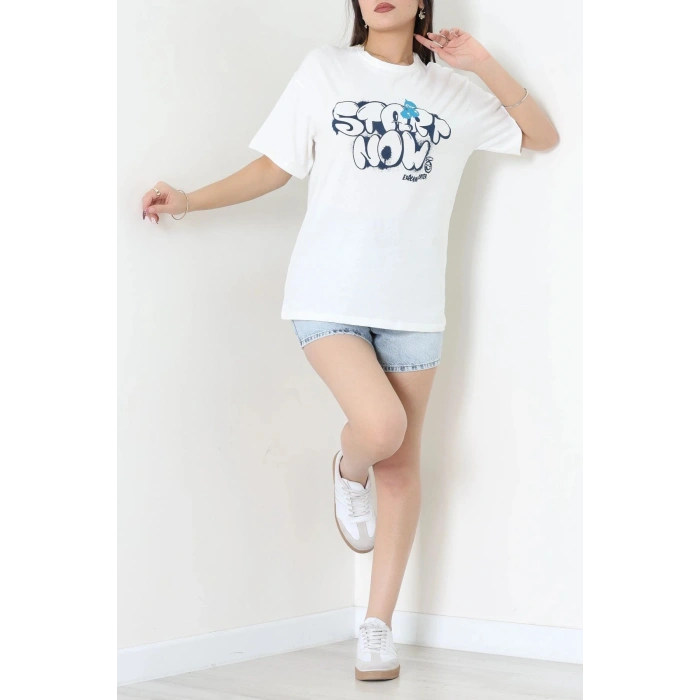 Kompak Penye Baskılı Unisex Oversize Tişört Beyazmavi - 55135.1872.