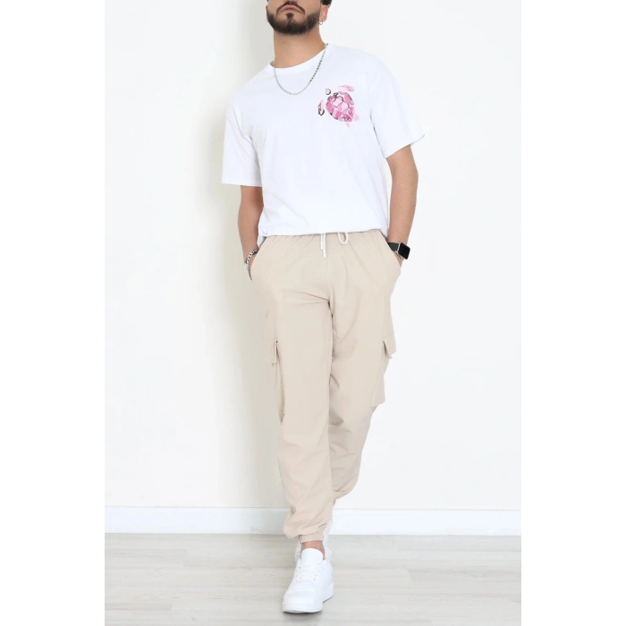 Kompak Penye Baskılı Unisex Oversize Tişört Beyazpembe - 55135.1872.