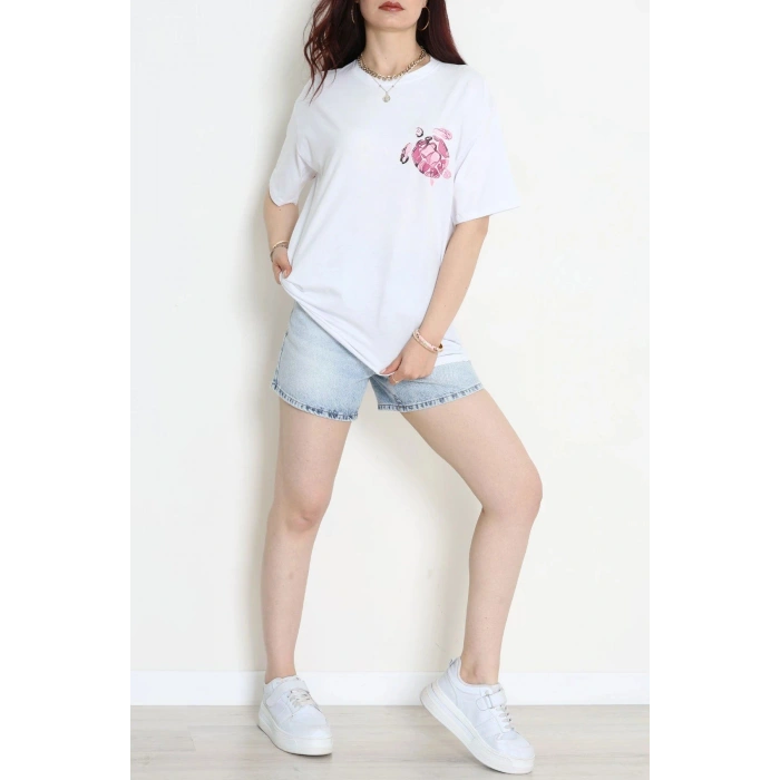 Kompak Penye Baskılı Unisex Oversize Tişört Beyazpembe - 55135.1872.
