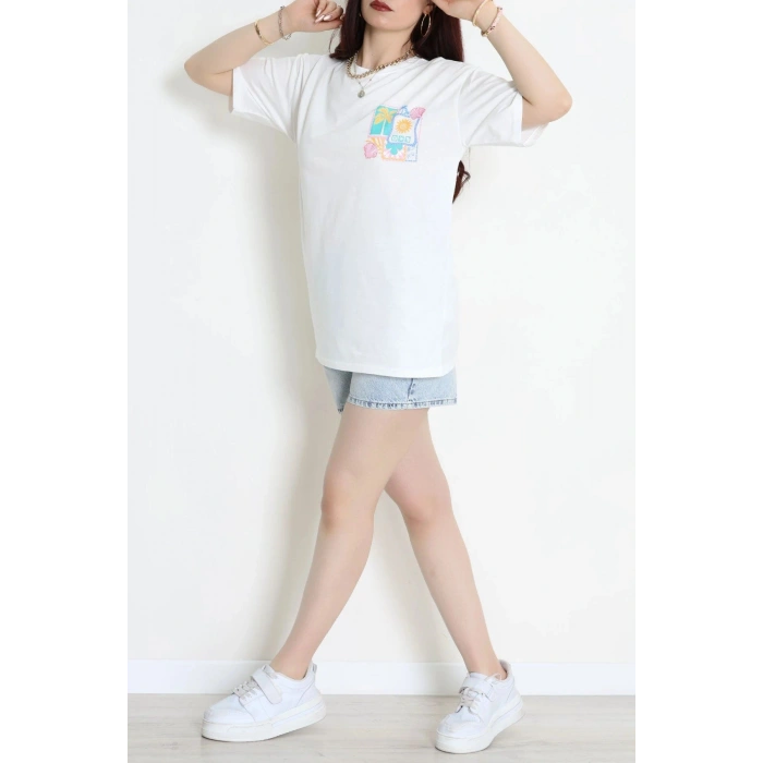 Kompak Penye Baskılı Unisex Oversize Tişört Beyazsarı - 55135.1872.