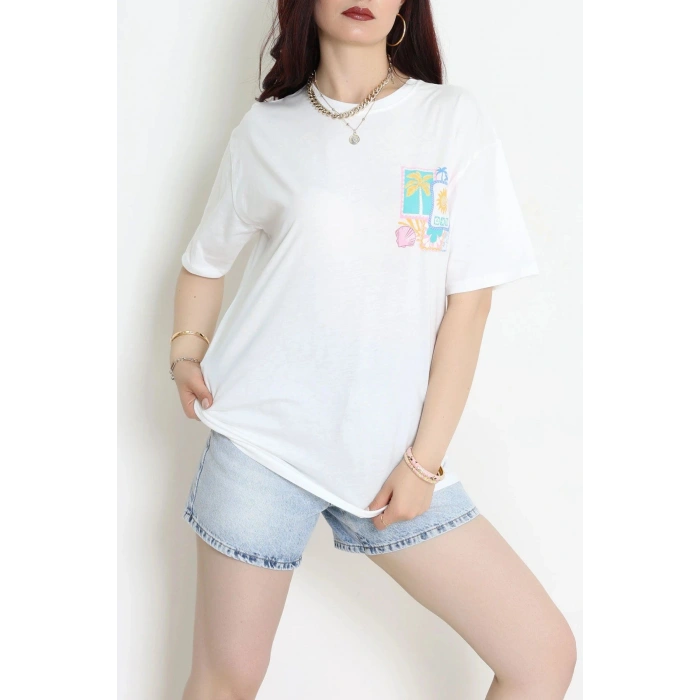 Kompak Penye Baskılı Unisex Oversize Tişört Beyazsarı - 55135.1872.