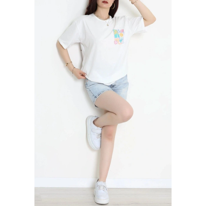 Kompak Penye Baskılı Unisex Oversize Tişört Beyazsarı - 55135.1872.
