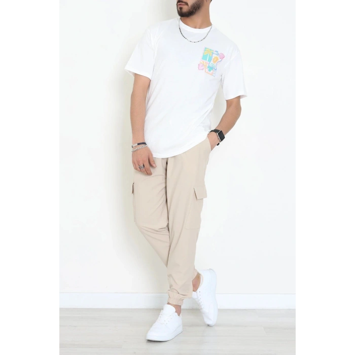 Kompak Penye Baskılı Unisex Oversize Tişört Beyazsarı - 55135.1872.