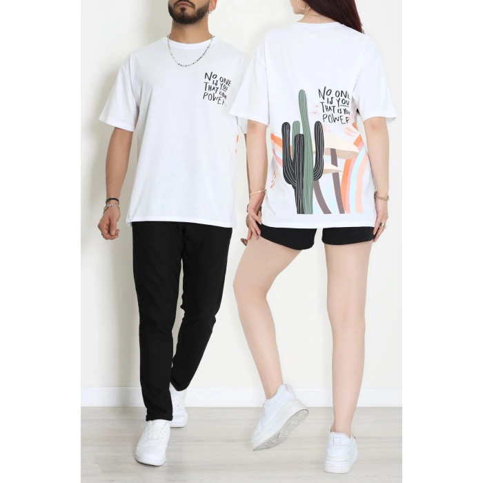Kompak Penye Baskılı Unisex Oversize Tişört Beyazturuncu - 55135.1872.