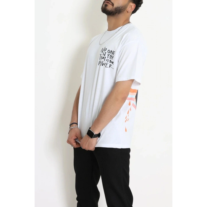 Kompak Penye Baskılı Unisex Oversize Tişört Beyazturuncu - 55135.1872.