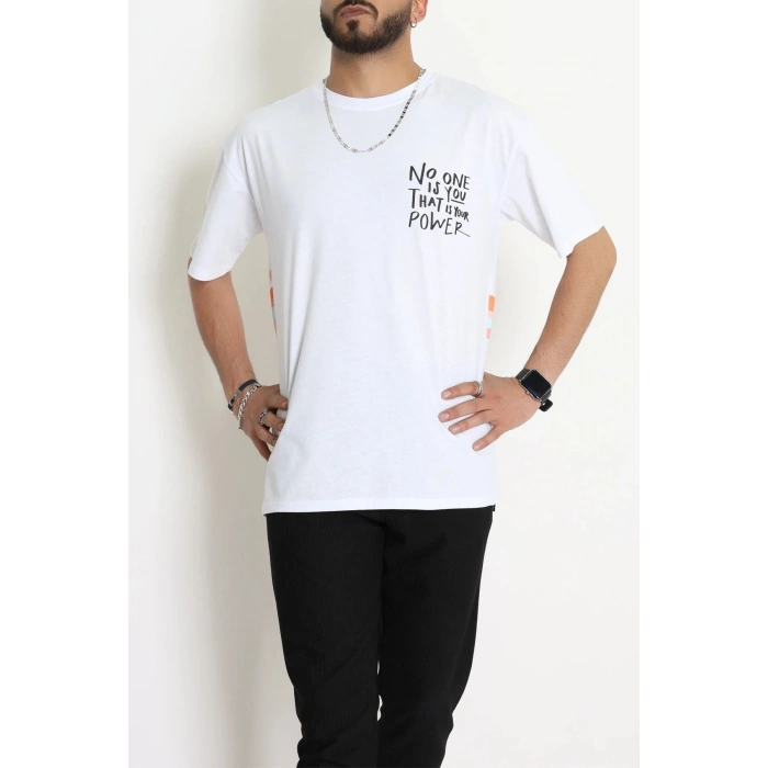 Kompak Penye Baskılı Unisex Oversize Tişört Beyazturuncu - 55135.1872.