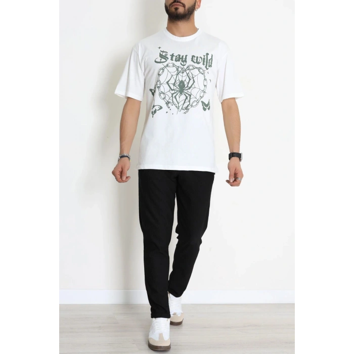 Kompak Penye Baskılı Unisex Oversize Tişört Beyazyeşil - 55135.1872.