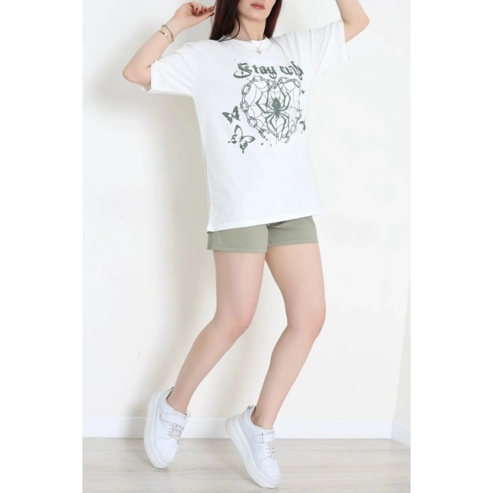 Kompak Penye Baskılı Unisex Oversize Tişört Beyazyeşil - 55135.1872.