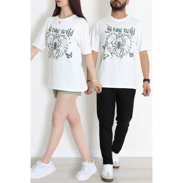 Kompak Penye Baskılı Unisex Oversize Tişört Beyazyeşil - 55135.1872.