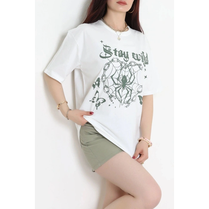 Kompak Penye Baskılı Unisex Oversize Tişört Beyazyeşil - 55135.1872.