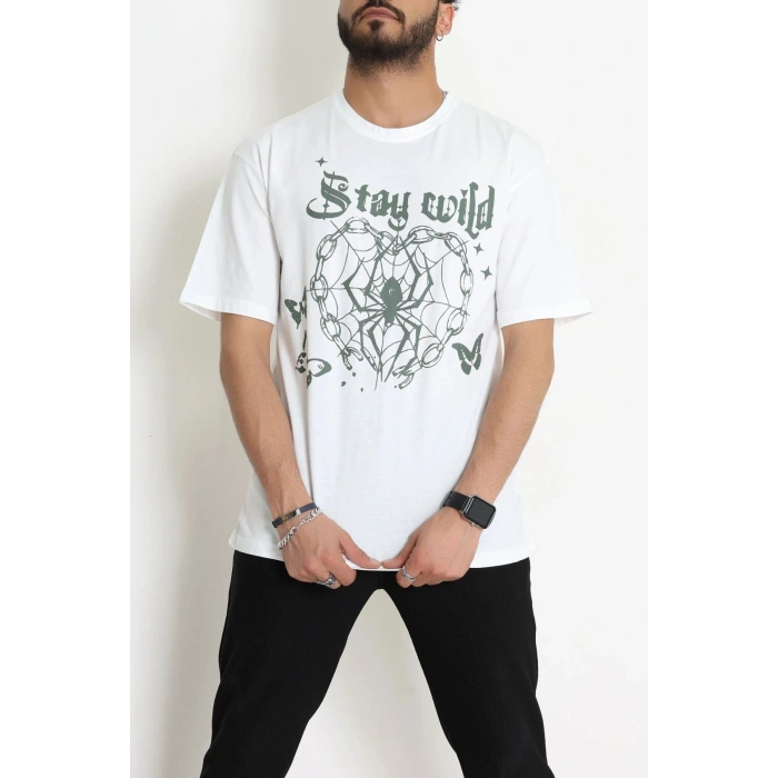 Kompak Penye Baskılı Unisex Oversize Tişört Beyazyeşil - 55135.1872.