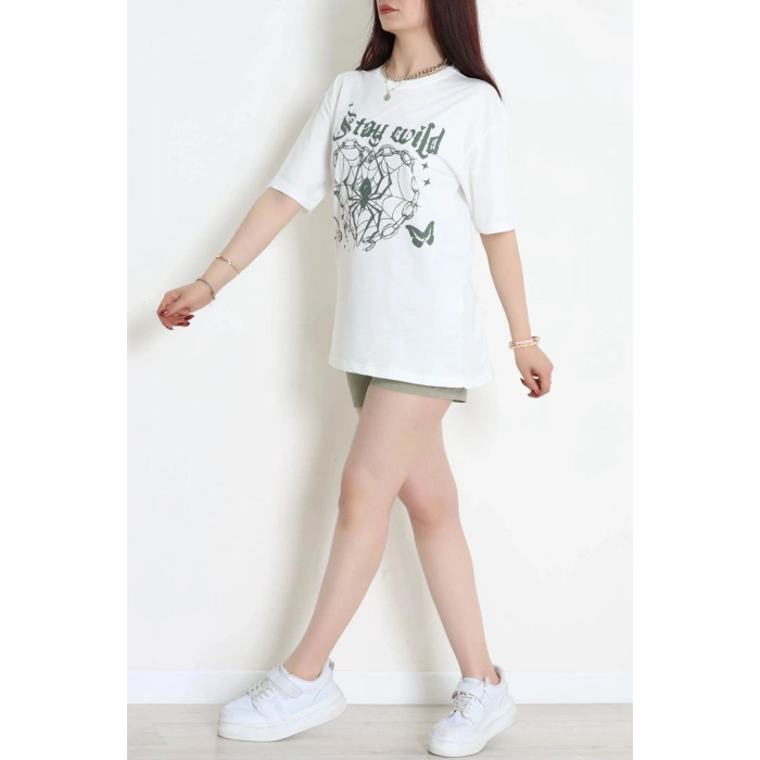 Kompak Penye Baskılı Unisex Oversize Tişört Beyazyeşil - 55135.1872.