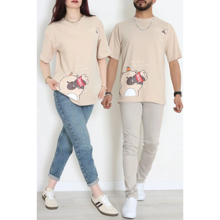 Kompak Penye Baskılı Unisex Oversize Tişört Camelkahve - 55135.1872.