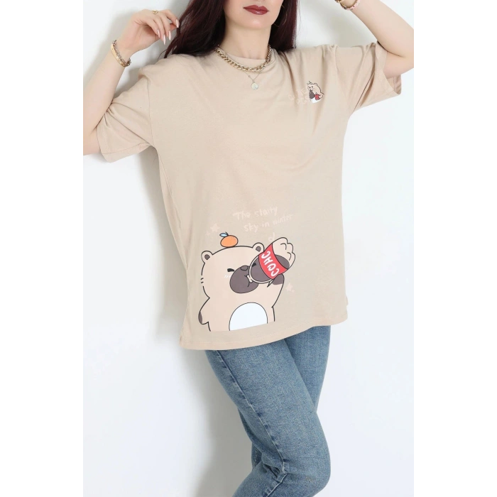 Kompak Penye Baskılı Unisex Oversize Tişört Camelkahve - 55135.1872.