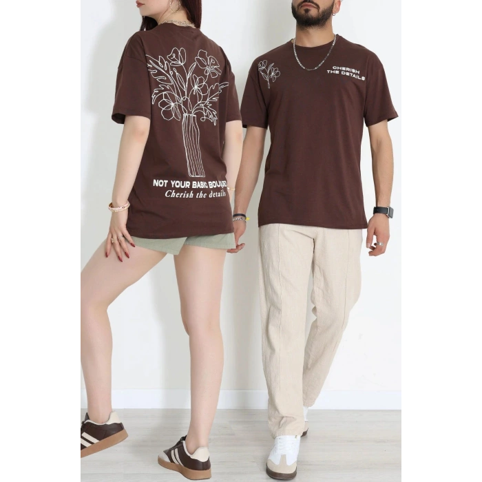 Kompak Penye Baskılı Unisex Oversize Tişört Kahveçiçekli - 55135.1872.