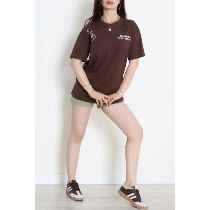 Kompak Penye Baskılı Unisex Oversize Tişört Kahveçiçekli - 55135.1872.