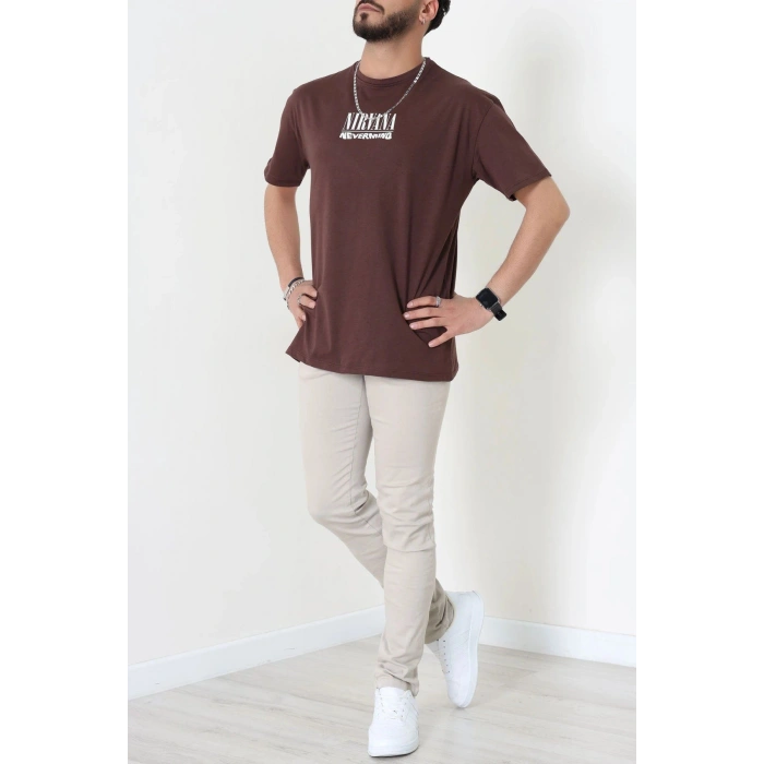Kompak Penye Baskılı Unisex Oversize Tişört Kahveekru - 55135.1872.