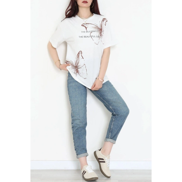 Kompak Penye Baskılı Unisex Oversize Tişört Kremkahve - 55135.1872.