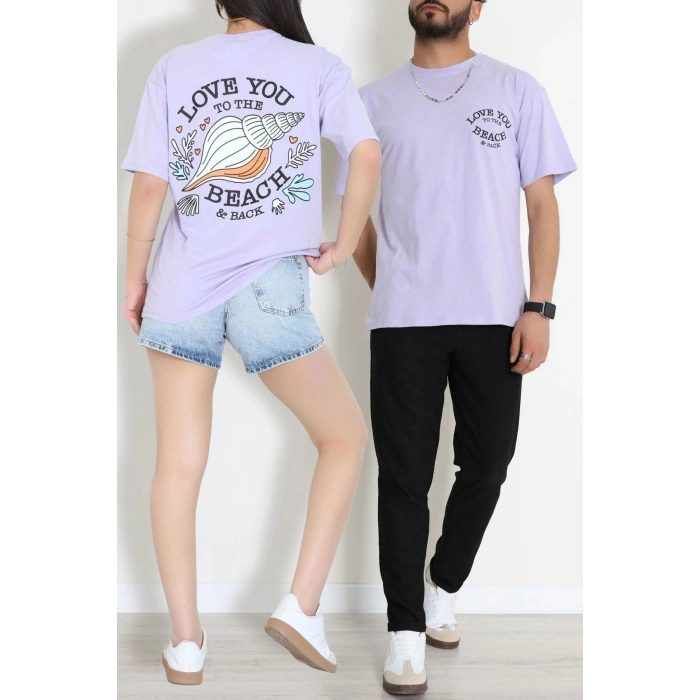 Kompak Penye Baskılı Unisex Oversize Tişört Lilasiyah - 55135.1872.