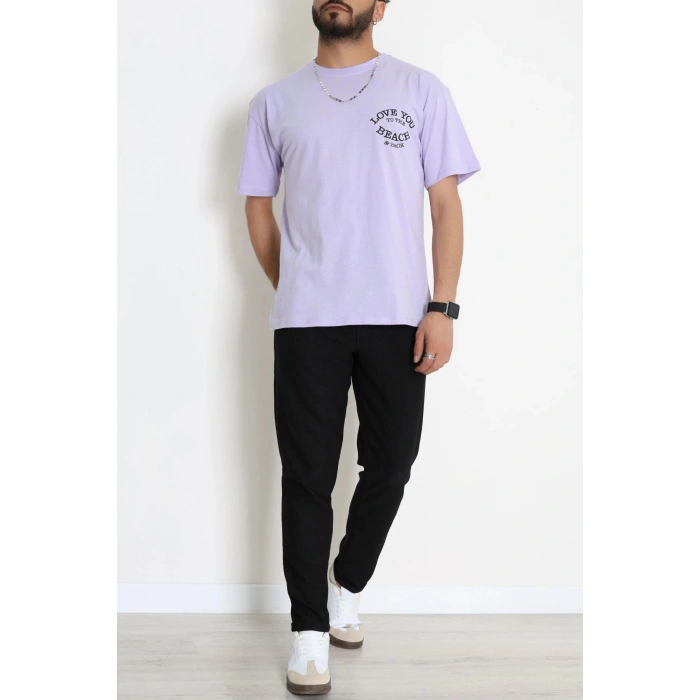 Kompak Penye Baskılı Unisex Oversize Tişört Lilasiyah - 55135.1872.