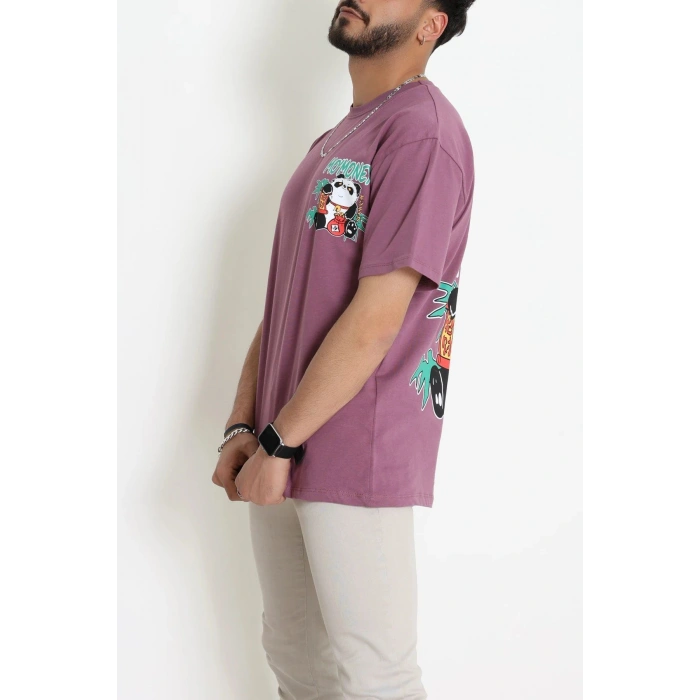 Kompak Penye Baskılı Unisex Oversize Tişört Mürdümsiyah - 55135.1872.
