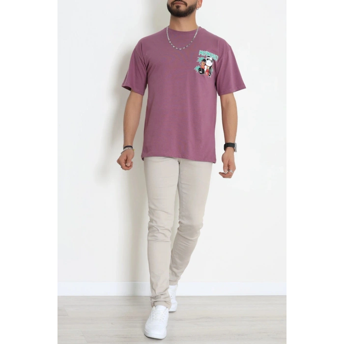 Kompak Penye Baskılı Unisex Oversize Tişört Mürdümsiyah - 55135.1872.