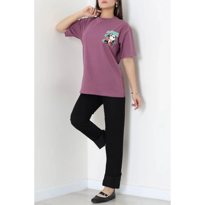 Kompak Penye Baskılı Unisex Oversize Tişört Mürdümsiyah - 55135.1872.
