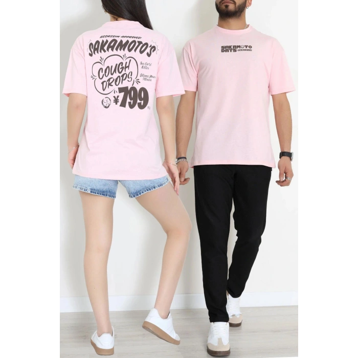 Kompak Penye Baskılı Unisex Oversize Tişört Pembesiyah - 55135.1872.