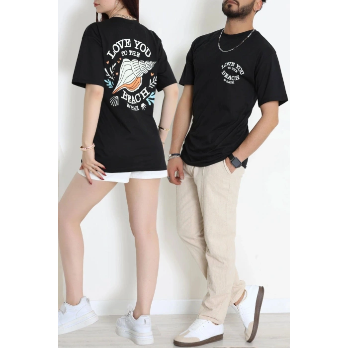 Kompak Penye Baskılı Unisex Oversize Tişört Siyahekru - 55135.1872.
