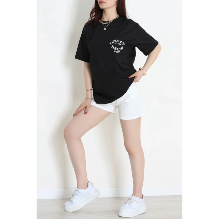 Kompak Penye Baskılı Unisex Oversize Tişört Siyahekru - 55135.1872.