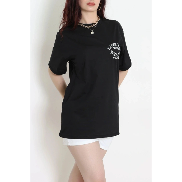 Kompak Penye Baskılı Unisex Oversize Tişört Siyahekru - 55135.1872.