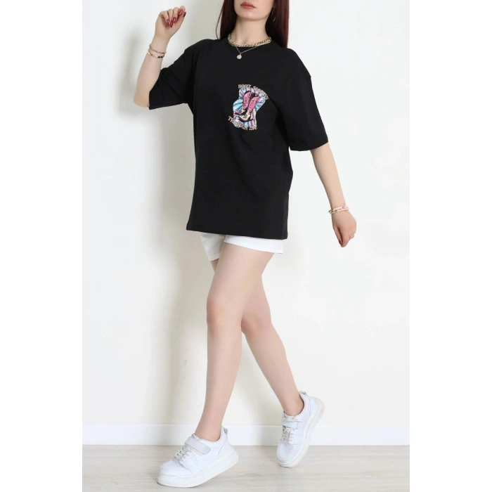 Kompak Penye Baskılı Unisex Oversize Tişört Siyahfuşya - 55135.1872.