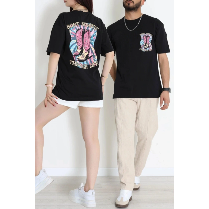 Kompak Penye Baskılı Unisex Oversize Tişört Siyahfuşya - 55135.1872.