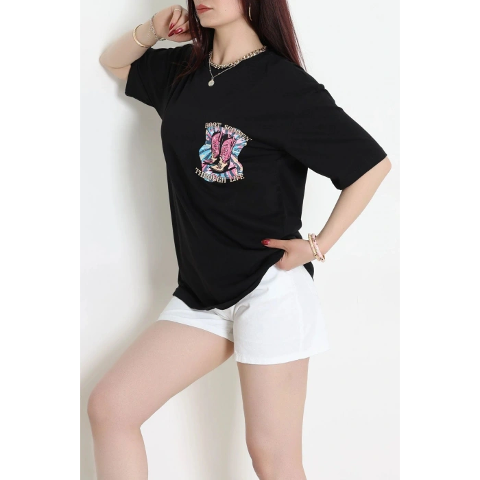 Kompak Penye Baskılı Unisex Oversize Tişört Siyahfuşya - 55135.1872.