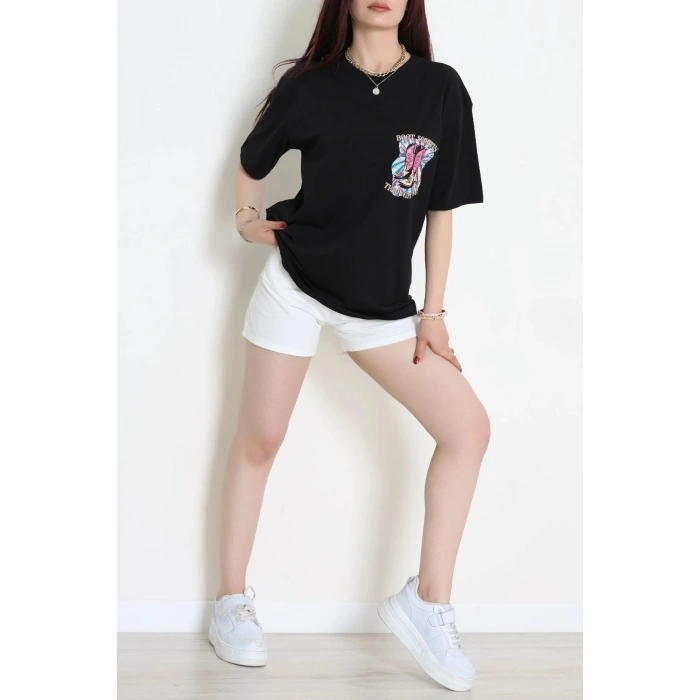 Kompak Penye Baskılı Unisex Oversize Tişört Siyahfuşya - 55135.1872.