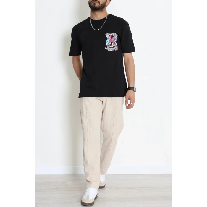 Kompak Penye Baskılı Unisex Oversize Tişört Siyahfuşya - 55135.1872.