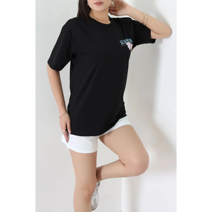 Kompak Penye Baskılı Unisex Oversize Tişört Siyahmavi - 55135.1872.