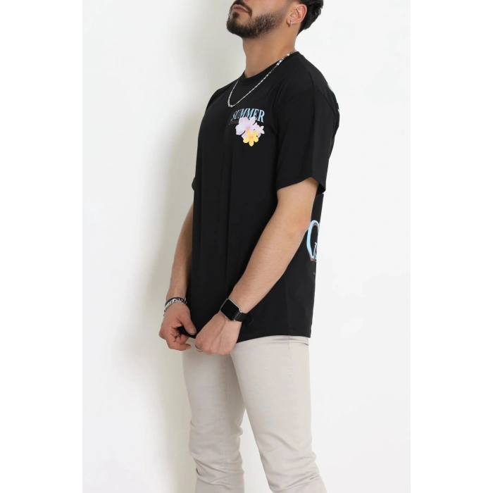 Kompak Penye Baskılı Unisex Oversize Tişört Siyahmavi - 55135.1872.