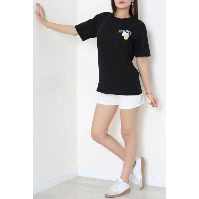 Kompak Penye Baskılı Unisex Oversize Tişört Siyahmavi - 55135.1872.
