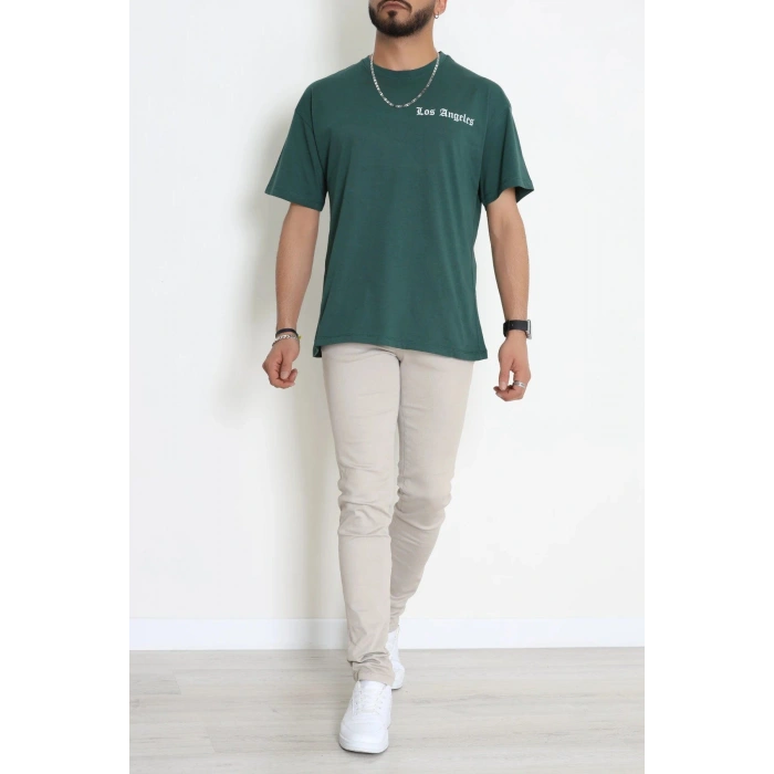 Kompak Penye Baskılı Unisex Oversize Tişört Zümrütyeşili - 55135.1872.