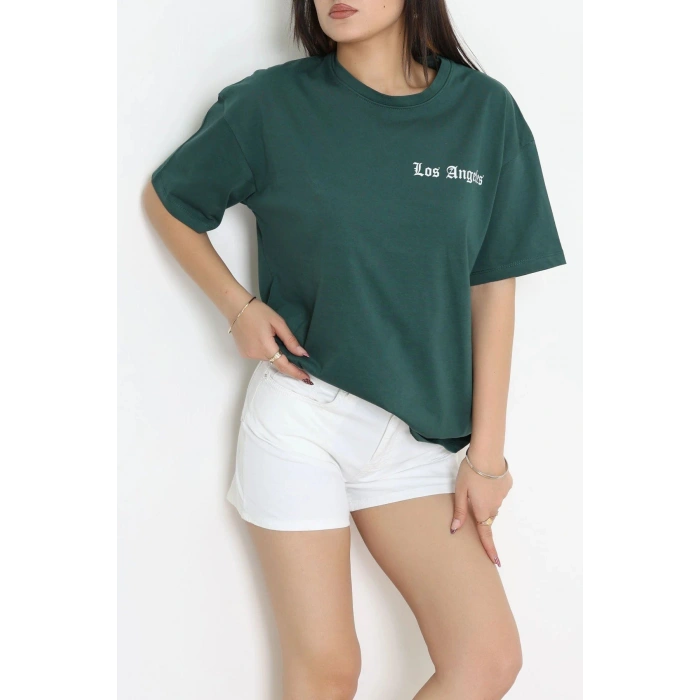 Kompak Penye Baskılı Unisex Oversize Tişört Zümrütyeşili - 55135.1872.