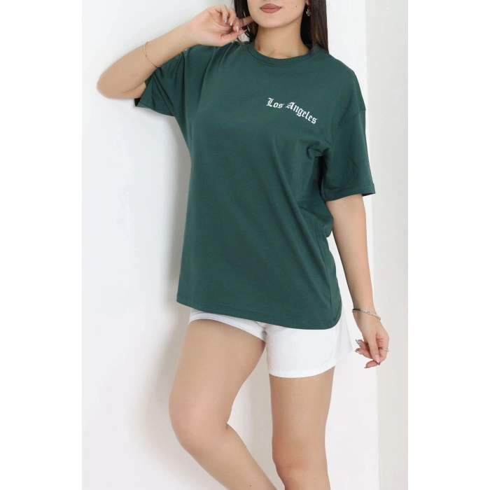 Kompak Penye Baskılı Unisex Oversize Tişört Zümrütyeşili - 55135.1872.
