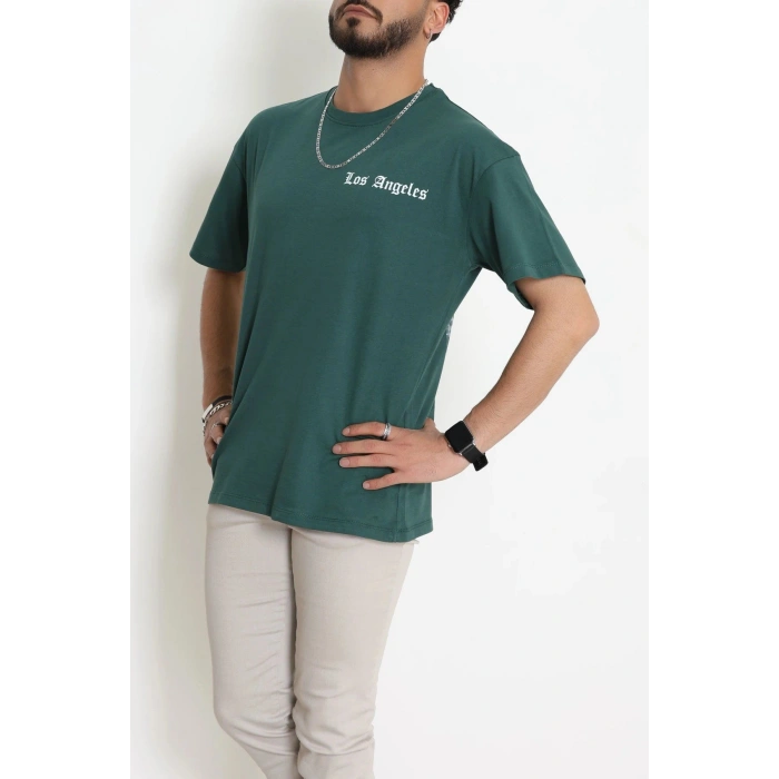 Kompak Penye Baskılı Unisex Oversize Tişört Zümrütyeşili - 55135.1872.