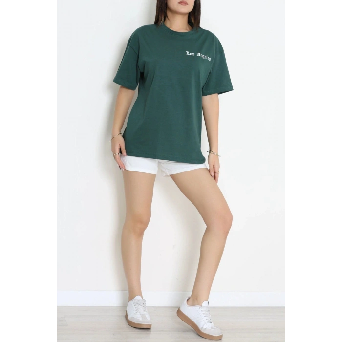 Kompak Penye Baskılı Unisex Oversize Tişört Zümrütyeşili - 55135.1872.