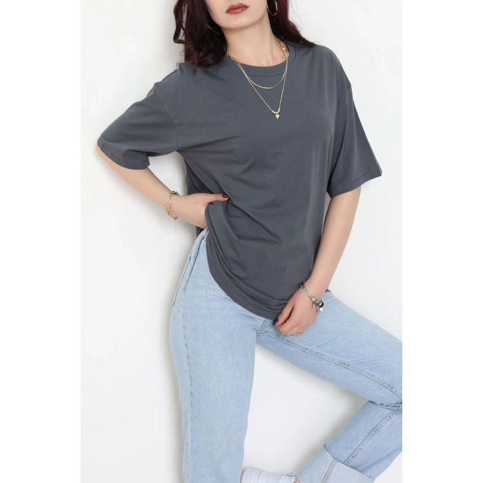 Kompak Penye Ünisex Baskısız Oversize Tişört Antrasit - 55045.1872.